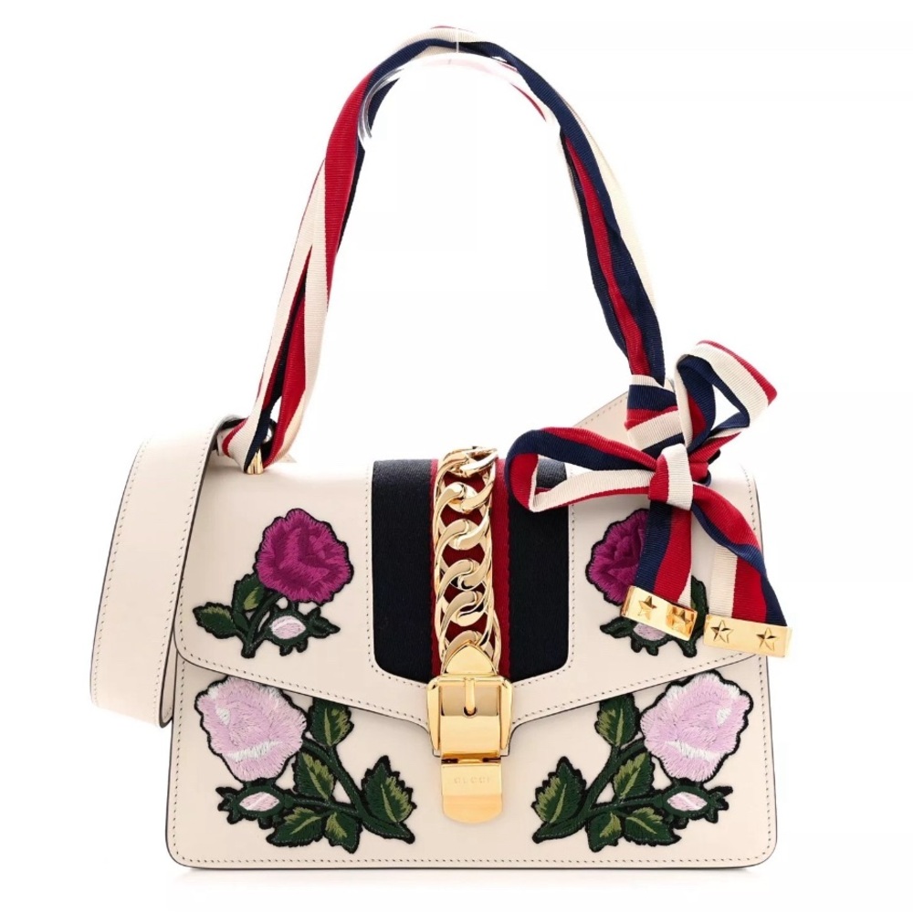Gucci Sylvie Shoulder Crossbody Bag Embroidered Flowers Leather -Retail $3,100
